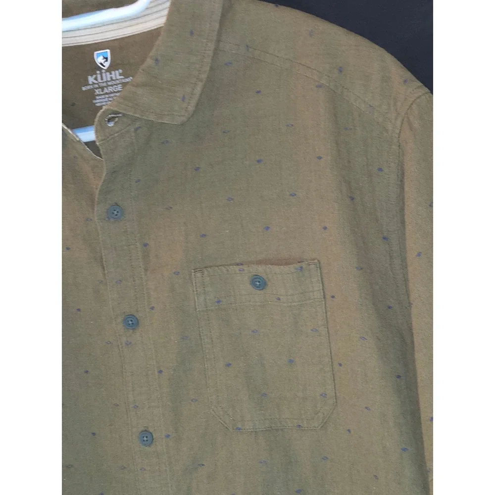 Kuhl Mens XL Olive Green‎ AOP Short Sleeve Button Down Shirt Everyday Casual